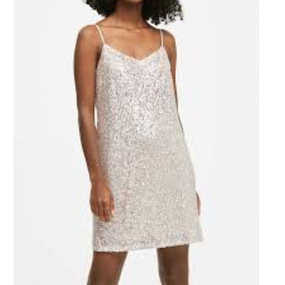 Banana Republic Champagne Gold Sequin Slip Dress Sparkle V Neck Sz 14 New‎ Yr